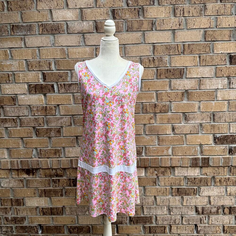 Smith & Quinn XL Pink Floral Shift Dress Sleeveless V Neck Resort Preppy